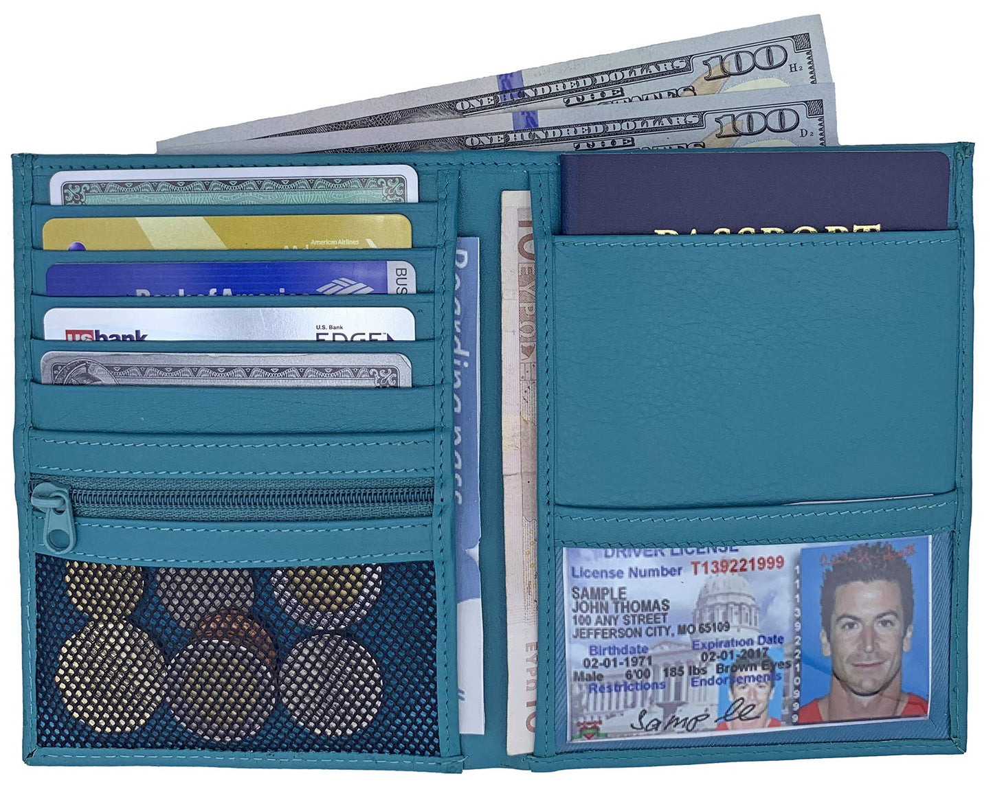 Leather RFID-Shielding Passport Holder and Wallet (Teal)