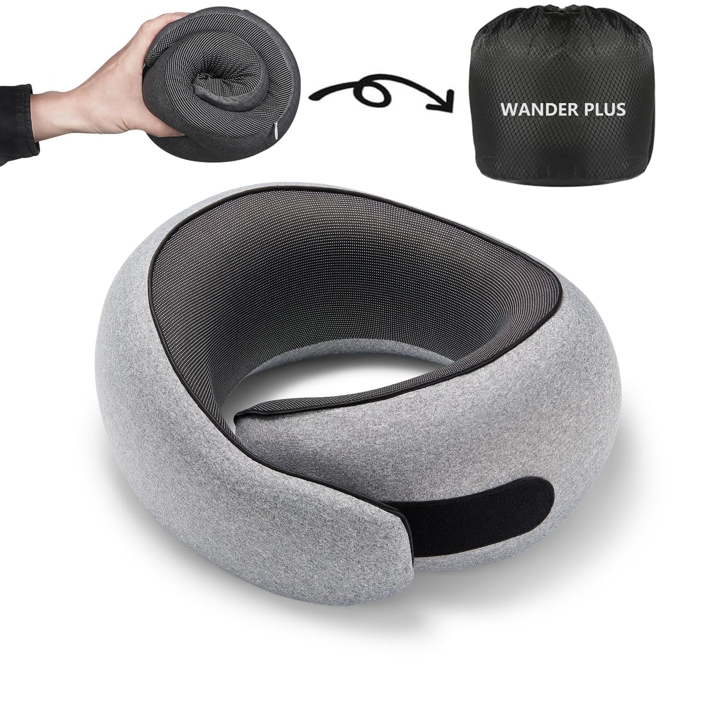 WANDER PLUS® Travel Pillow, 100% Pure Memory Foam Travel Neck Pillow Airplane Neck Support Ergonomic Design Best for Sleeping Plane Car Train Office Flight for Adults Grey