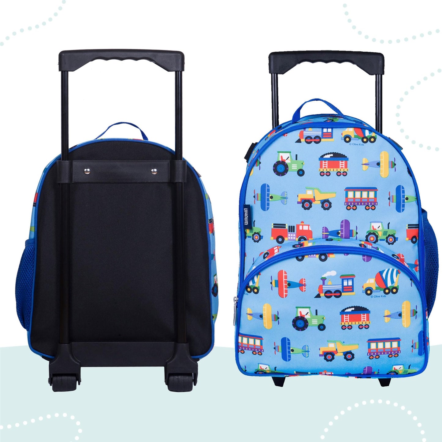 Wildkin Kids Roller Bag for Boys and Girls, Carry on Luggage Size is Perfect for School and Overnight Travel, Measures 16 x 12 x 6 Inches (Trains, Planes, and Trucks)