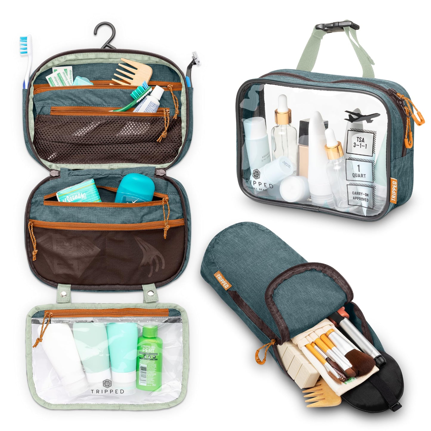 Versatile Travel Toiletry Bag Set with TSA Liquid Bag and Organizer (Green)