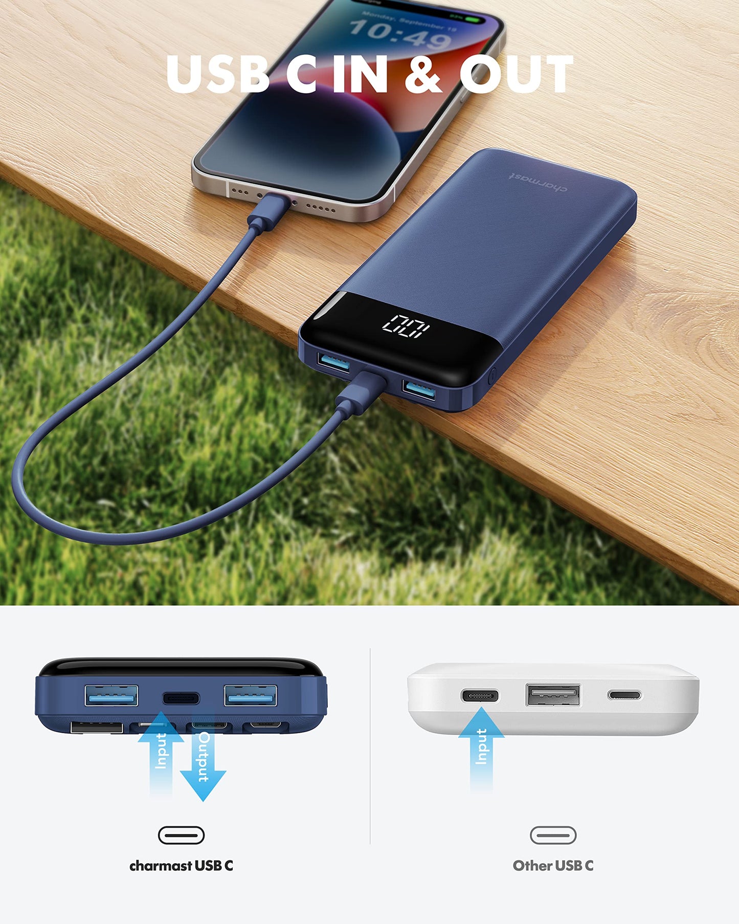 Portable Charger with Built in Cables, Portable Charger with Cords Wires Slim 10000mAh Travel Essentials Battery Pack 6 Outputs 3A High Speed Power Bank for iPhone Samsung Pixel LG Moto iPad