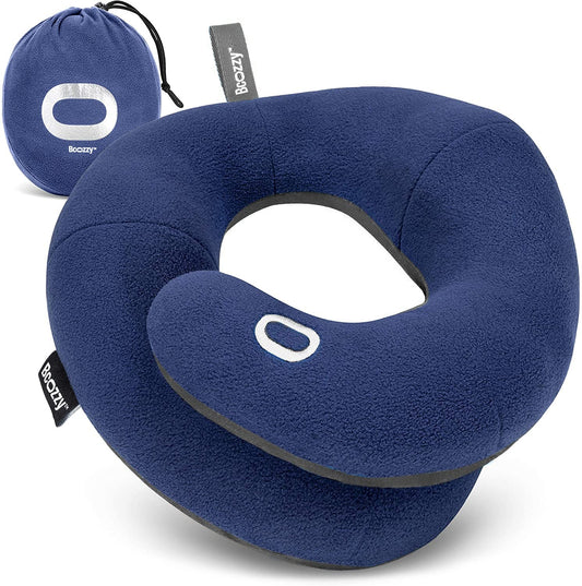 BCOZZY Travel Neck Pillow for Airplane – Patented Double Support for Head, Neck, and Chin. Best for Long Flights, Plane Sleeping, and Car Rides. Adjustable Size. Fully Washable. Carry Bag. Large, Navy