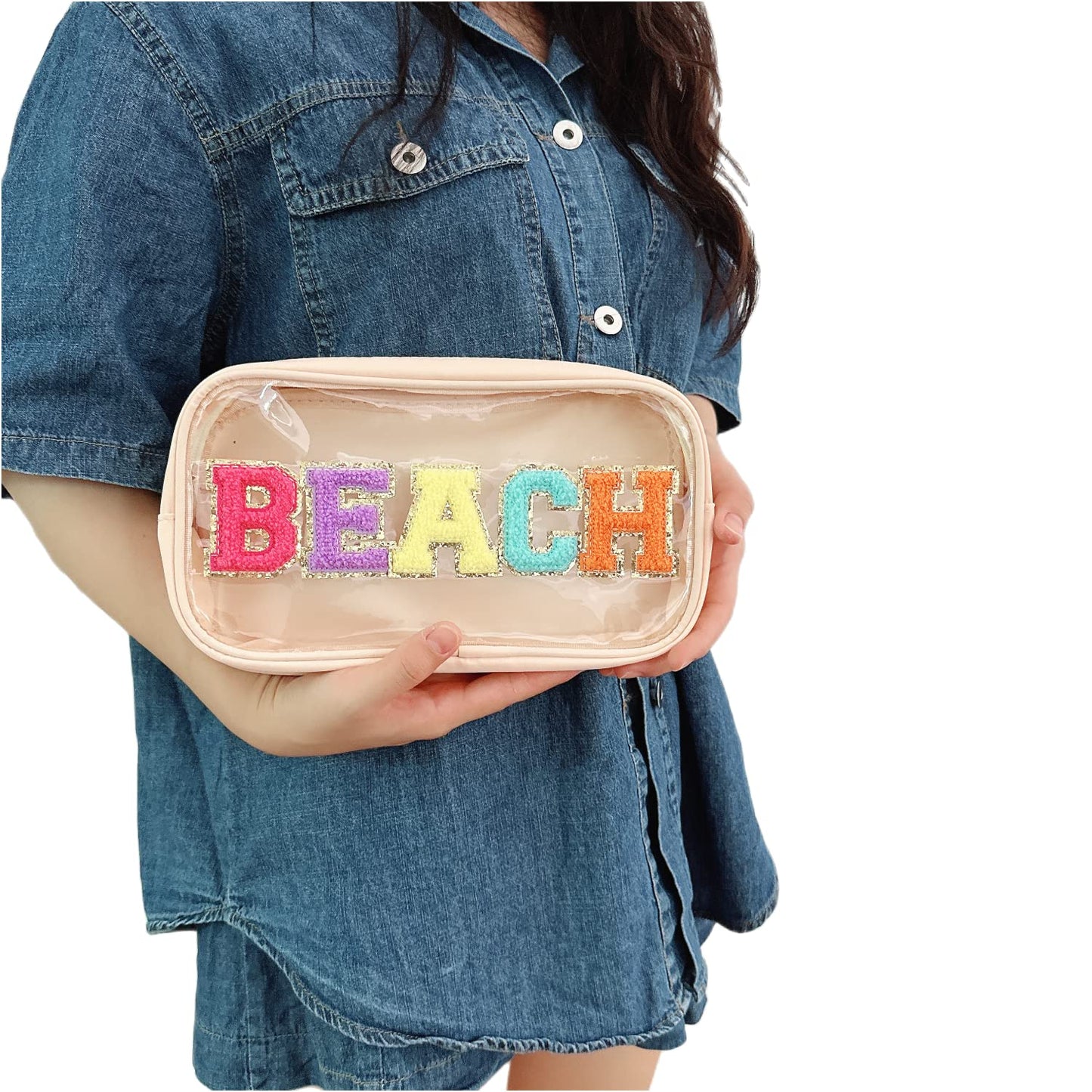 cqoogrlx Clear Makeup Letter Bag Chenille Letter patch Beach Makeup Bag Cosmetic Bag for Beach Travel Nylon & Pvc Waterproof Organization Outdoor Zipper Pouch Toiletry Bag for Women Girls