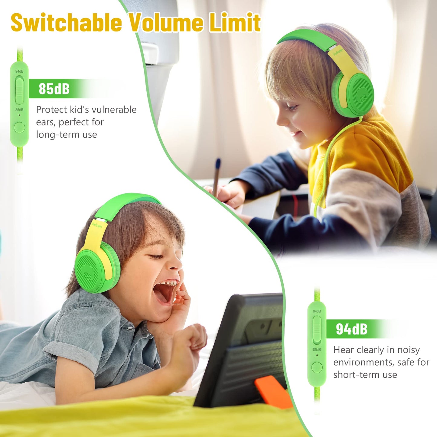 rockpapa Share 1 Kids Headphones Wired with Microphone & Share Port, 85dB/94dB Volume Limited, Cute Foldable Student Child Boys Girls Headphones for School/Classroom/Travel Green/Yellow