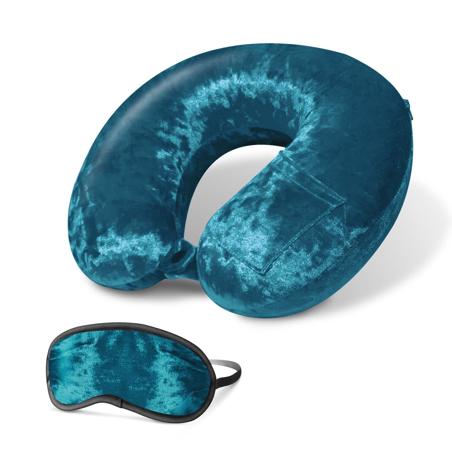 Cloudz Luxe Crushed Velvet Memory Foam Neck Pillow with Sleep Mask - Teal