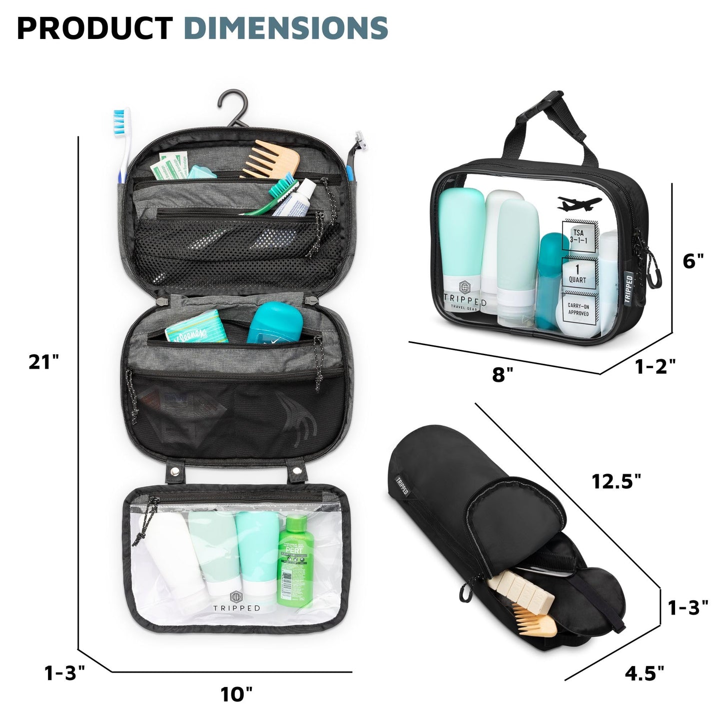 Versatile Travel Toiletry Bag Set with TSA Liquid Bag and Organizer (Grey)