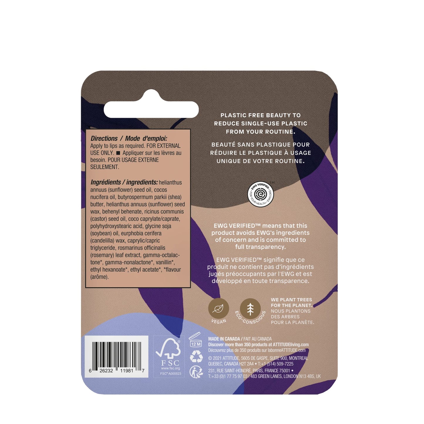 ATTITUDE Plastic-free Lip Balm, EWG Verified Plant- and Mineral-Based Ingredients, Vegan and Cruelty-free Personal Care Products, Coconut, 0.3 Oz