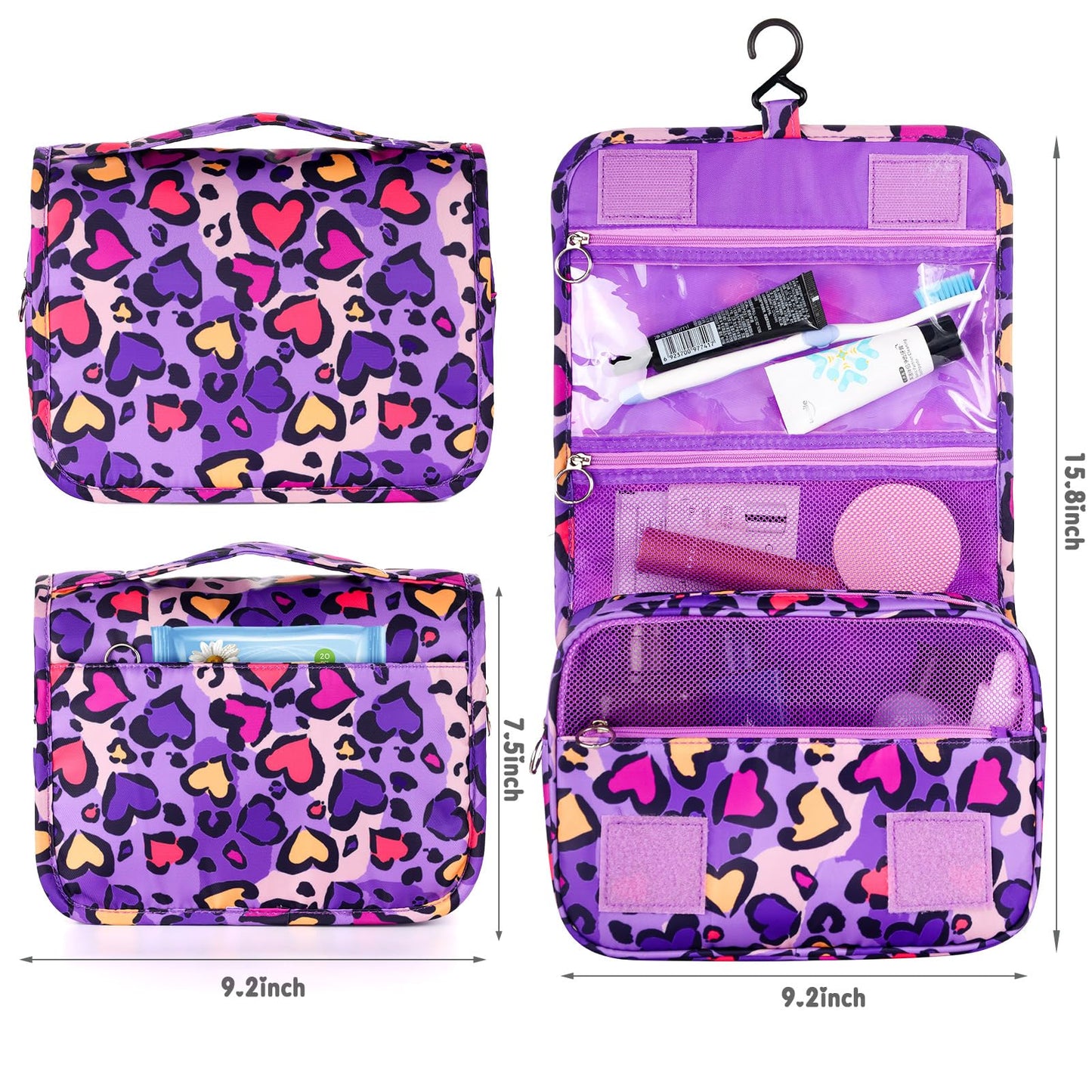 Vipdeal Kids Hanging Toiletry Bag for Girls, Travel Toiletry Bag for Little Young Girls Cosmetic Makeup Waterproof Wash Bag Toddler Traveling Toiletries, Leopard Purple