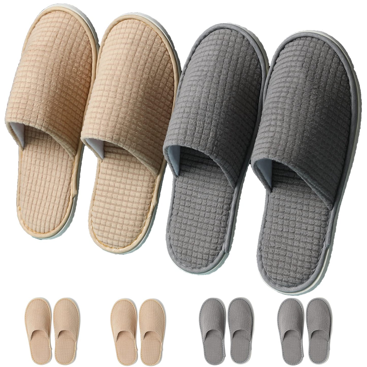 COZYAREA SPA, 6/12 Pairs Disposable Slippers for Guests, Soft Polar Fleece, Washable Reusable, Unisex for Wedding Party Bedroom Hotel And House Travel (3 Pairs Each Grey + Beige)