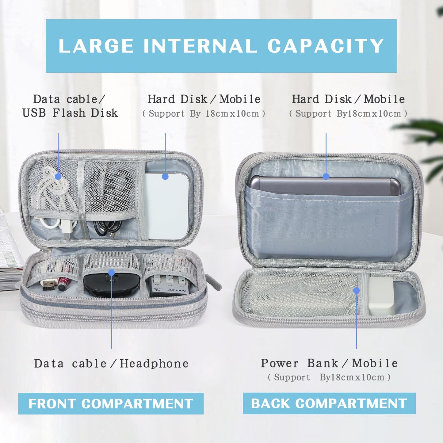 FYY Electronic Organizer, Travel Cable Organizer Bag Pouch Electronic Accessories Carry Case Portable Waterproof Double Layers Storage Bag for Cable, Charger, Phone, Earphone, Medium Size- Light Grey