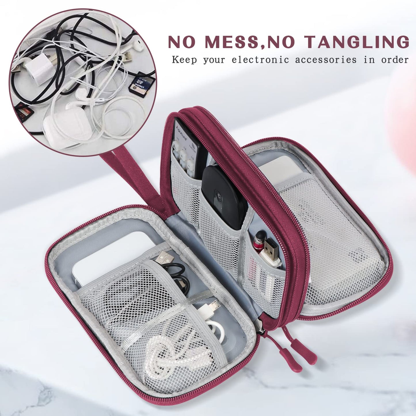 FYY Electronic Organizer, Travel Cable Organizer Bag Pouch Electronic Accessories Carry Case Portable Waterproof Double Layers Storage Bag for Cable, Charger, Phone, Earphone, Medium Size- Wine Red