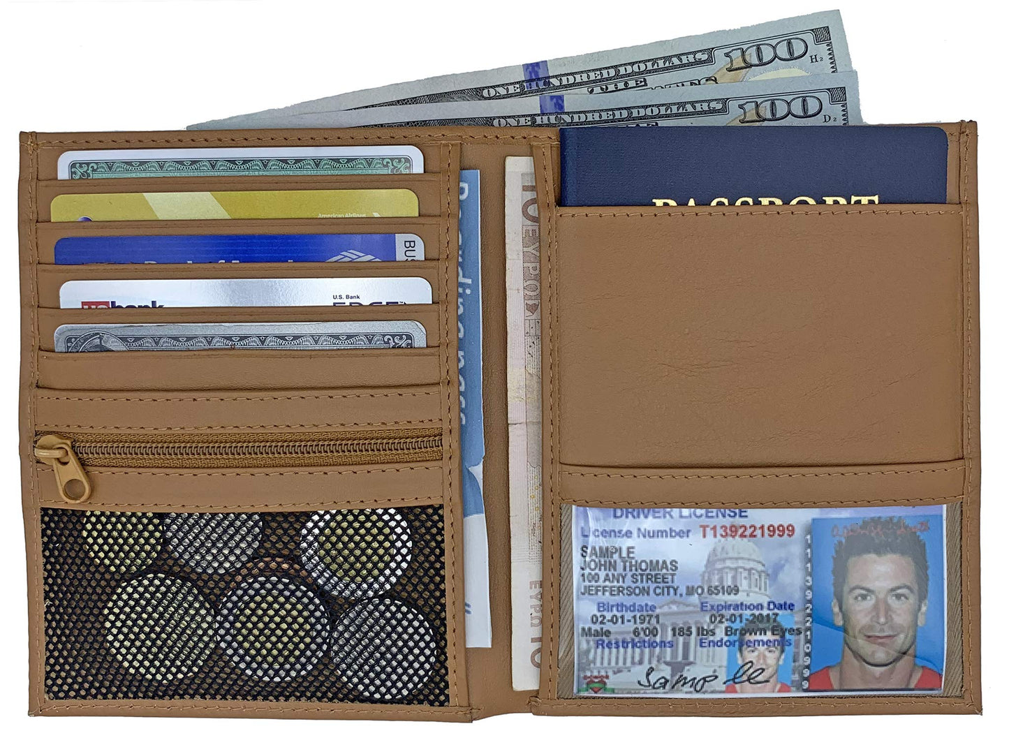 Leather RFID-Shielding Passport Holder and Wallet (Light Brown)