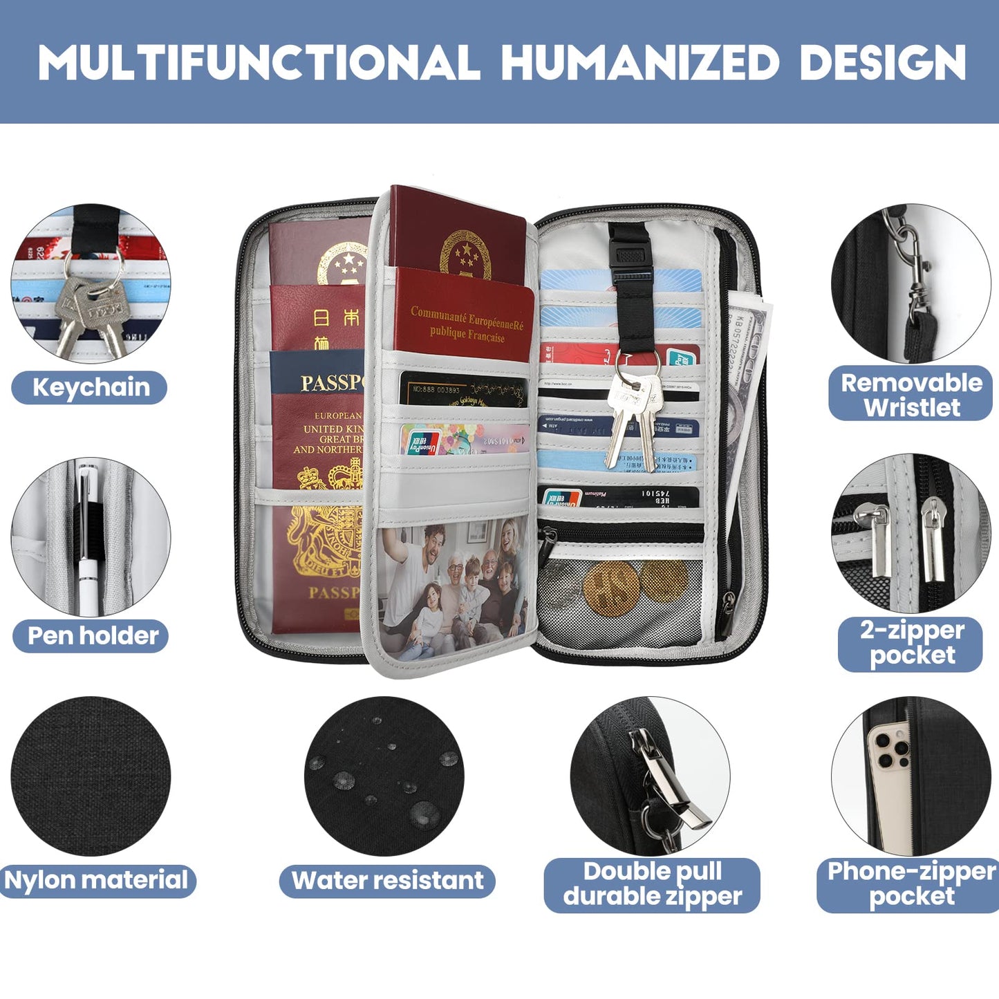 Travel Passport Wallet with RFID Shielding, Crossbody Strap and Wristlet Strap (Black)