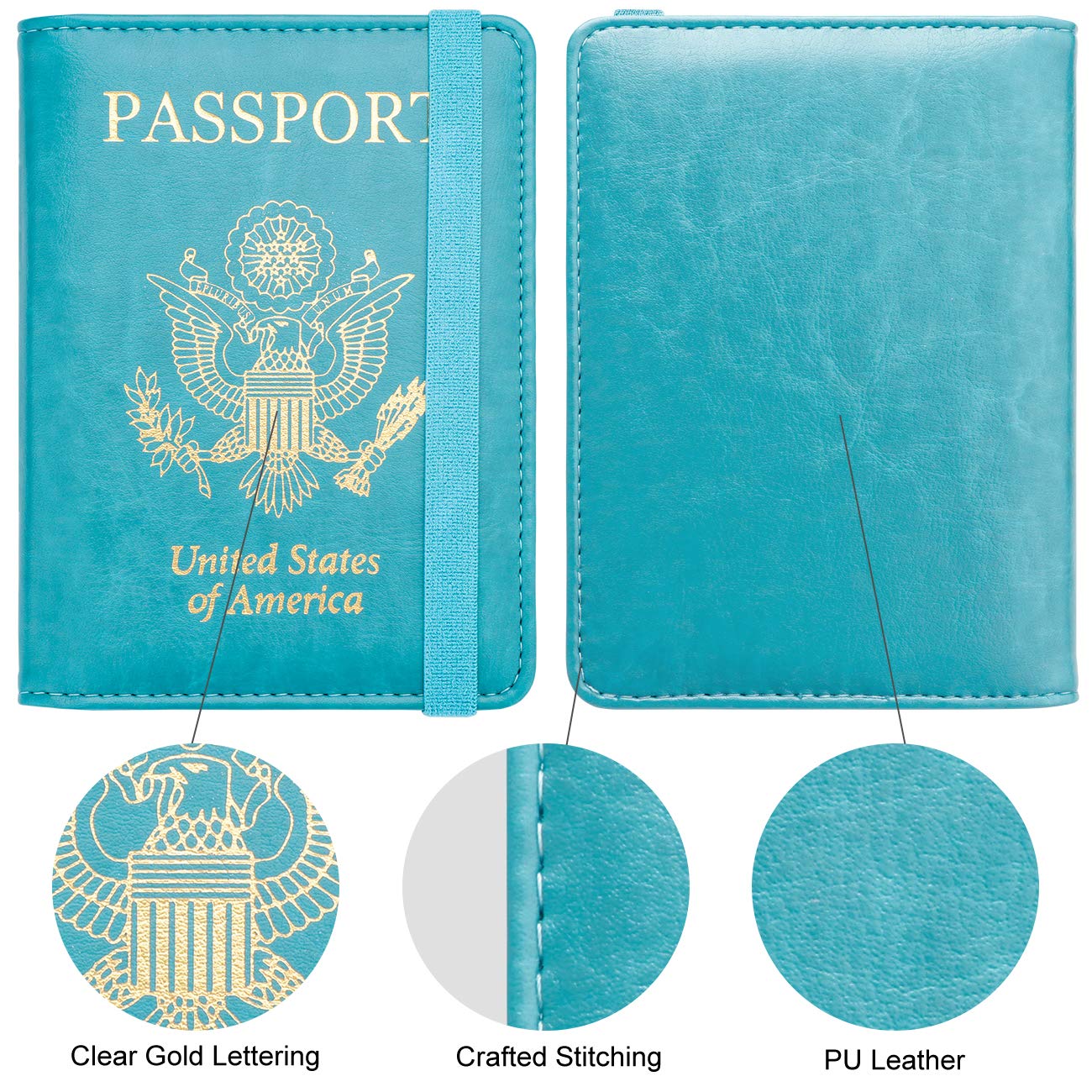 Travel Passport Wallet with RFID Shielding and Pen Slot (Turquoise Blue with Gold Text)