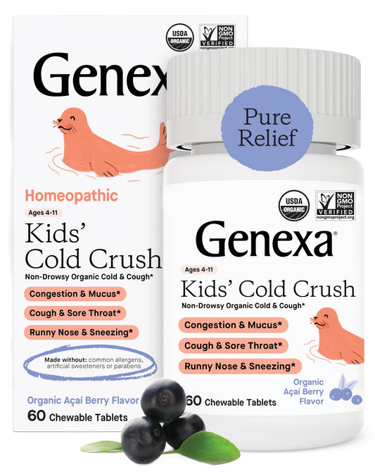 Genexa Kids' Cold Crush | Multi-Symptom Cough & Cold Relief for Children | Delicious Organic Acai Berry Flavor | Certified Organic & Non-GMO | Homeopathic Remedy Made Clean | 60 Chewable Tablets