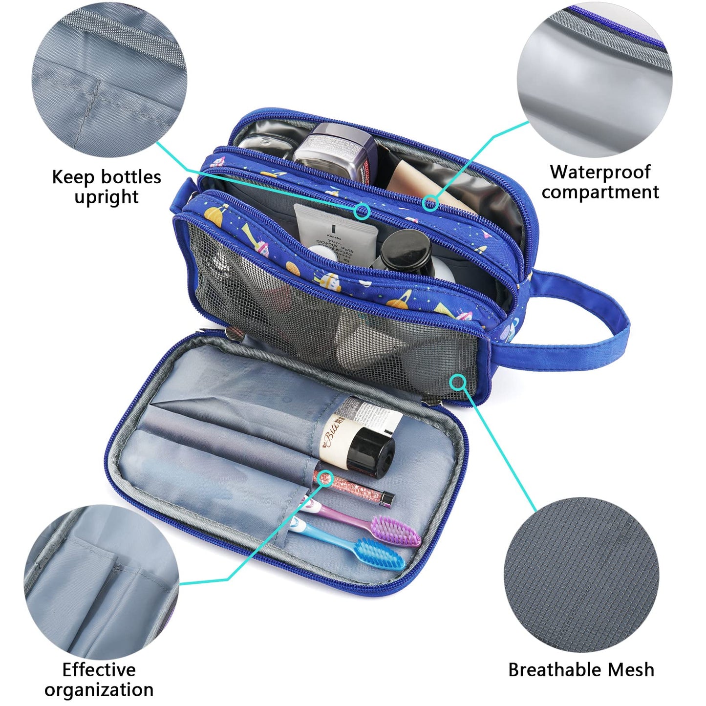 Vipdeal Kids Toiletry Bag for Boys, Travel Toiletry Bag for Little Young Boys Waterproof Hanging Wash Bag Toddler Traveling Toiletries, Space Blue