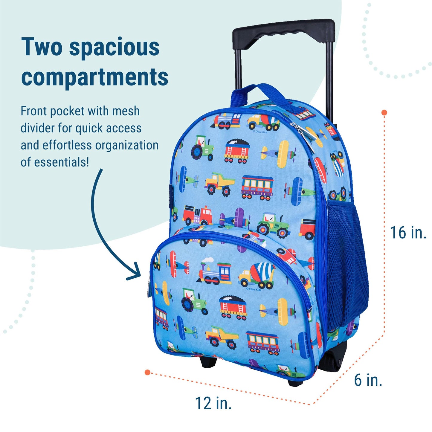 Wildkin Kids Roller Bag for Boys and Girls, Carry on Luggage Size is Perfect for School and Overnight Travel, Measures 16 x 12 x 6 Inches (Trains, Planes, and Trucks)