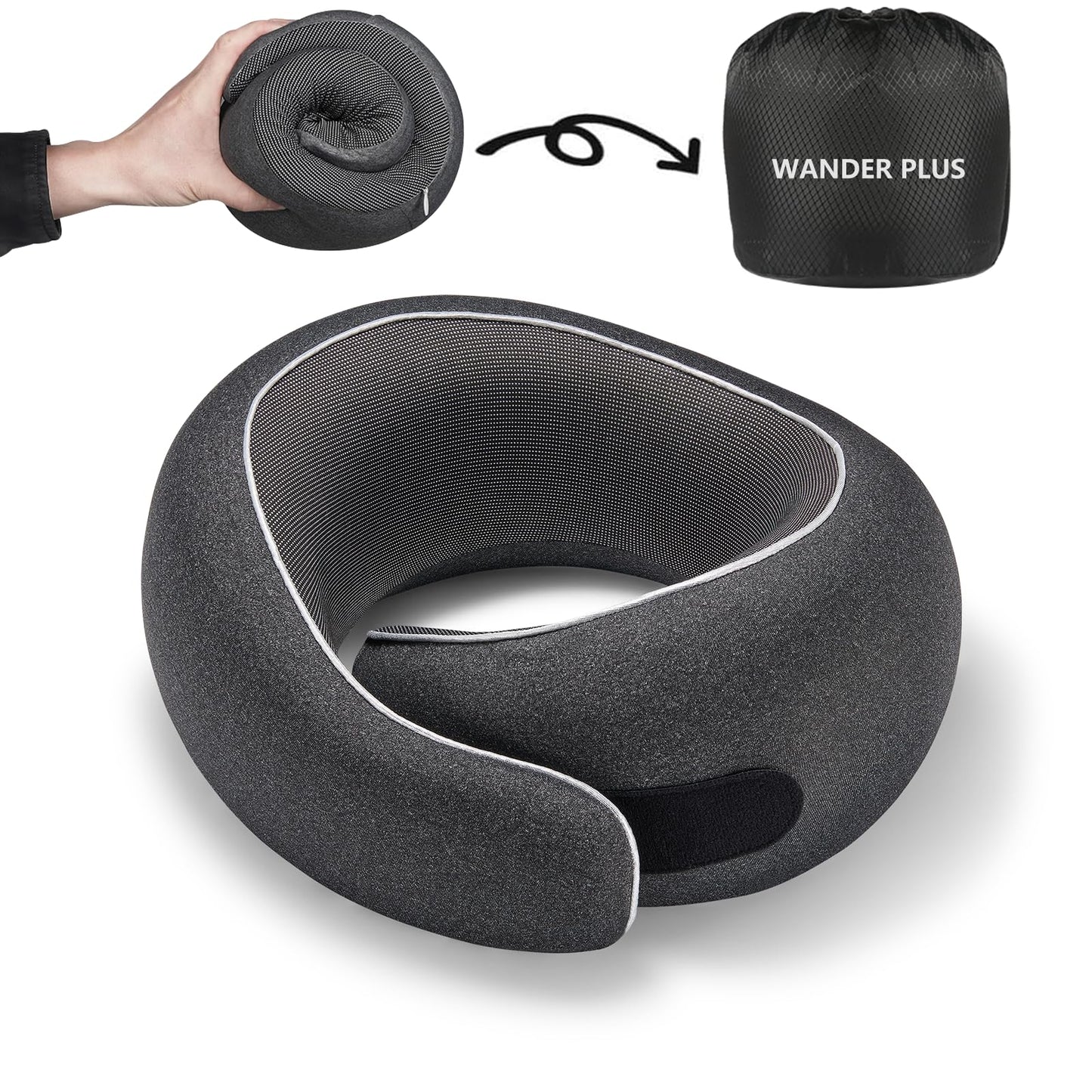 WANDER PLUS® Travel Pillow, 100% Pure Memory Foam Travel Neck Pillow Airplane Neck Support Ergonomic Design Best for Sleeping Plane Car Train Office Flight for Adults Black