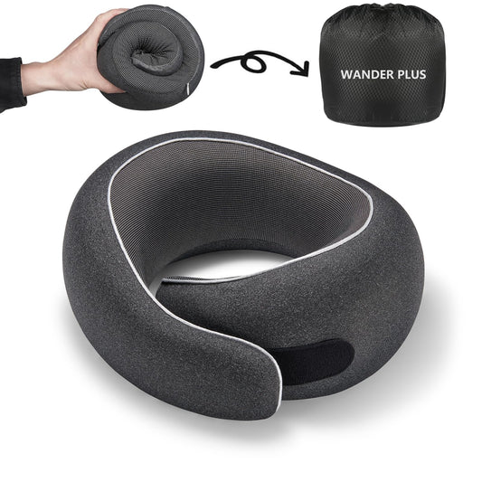 WANDER PLUS® Travel Pillow, 100% Pure Memory Foam Travel Neck Pillow Airplane Neck Support Ergonomic Design Best for Sleeping Plane Car Train Office Flight for Adults Black