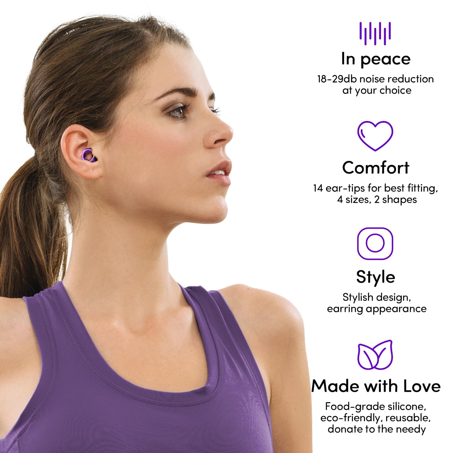 Audree Style Ear Plugs for Noise Reduction, Reusable High Fidelity Earplugs for Concerts, Musicians, Motorcycles, Study, Parent, Party, Flights & Noise Sensitivity, 18-29dB Noise Cancelling (Violet)