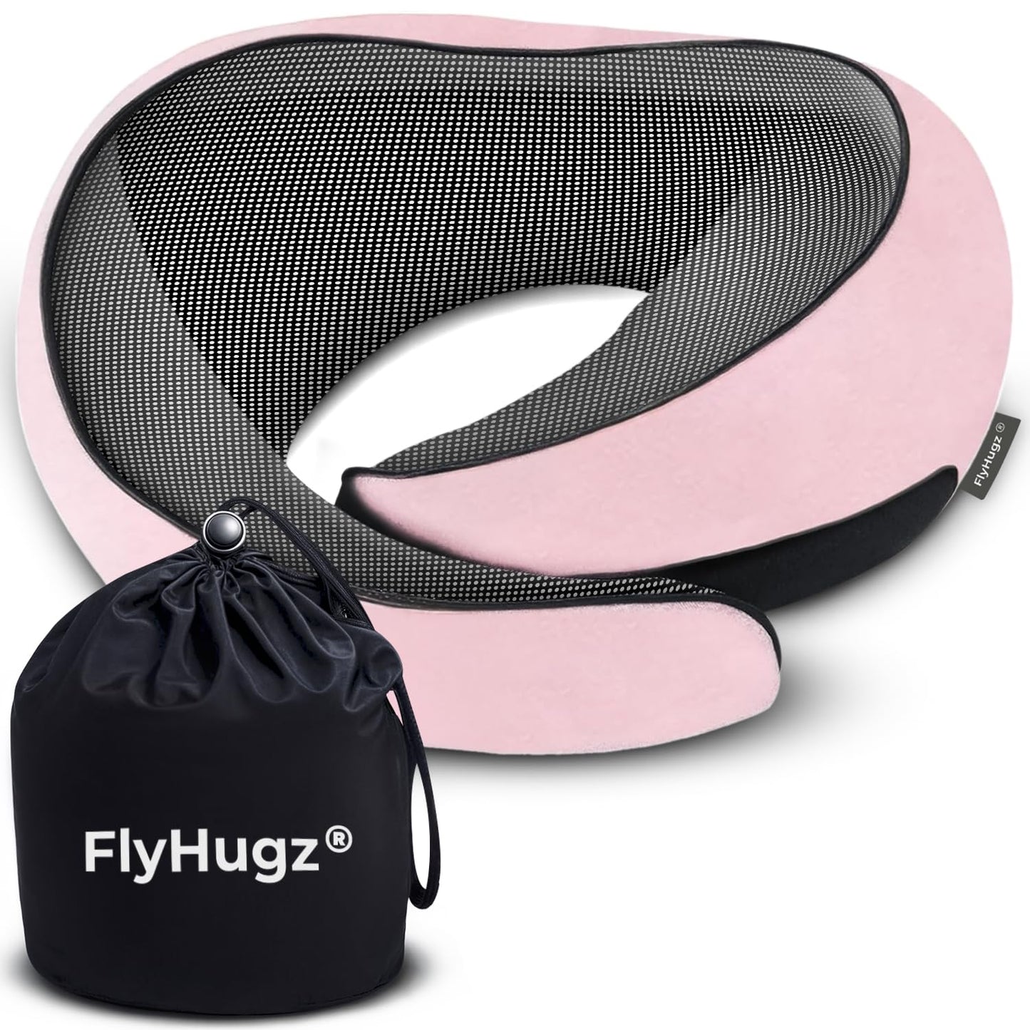 FlyHugz® Neck Travel Pillow | Memory Foam Neck Pillow for Comfort on Airplane | Compact and Ergonomic Design for Travel, Car Rides, and Home Use | Ideal for Adults and Kids (Pink)