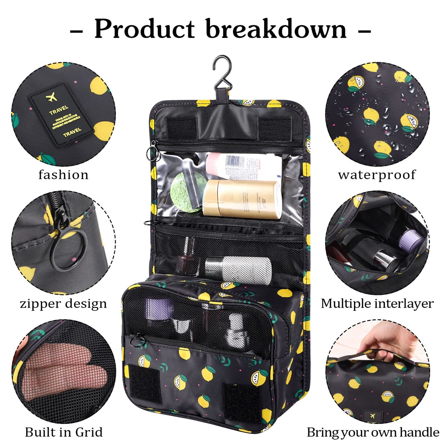 Pengxiaomei Toiletry Bag, Waterproof Hanging Cosmetic Bag Portable Travel Makeup Pouch athroom Bag Stocking Stuffers for Women Christmas Gifts(Black Lemon)