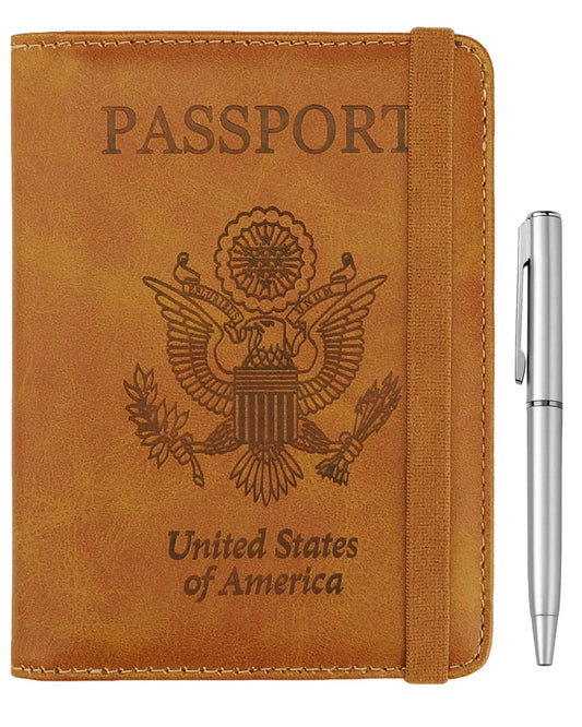 Travel Passport Wallet with RFID Shielding and Pen Slot (Brown)