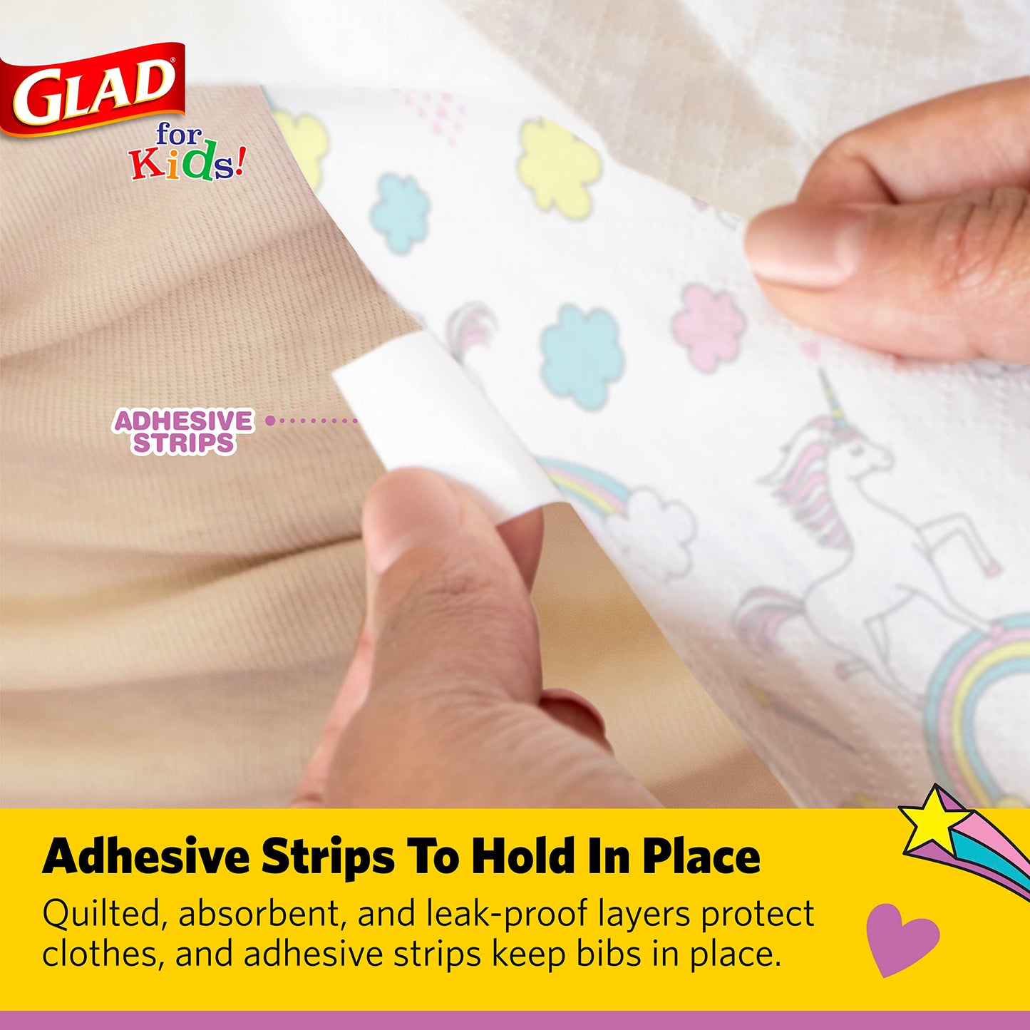 Glad for Kids Unicorn Paper Disposable Bibs with Crumb Catcher for Feeding - Absorbent and Leakproof Eating and Travel Must Haves for Mess-Free Meals, 30 Count