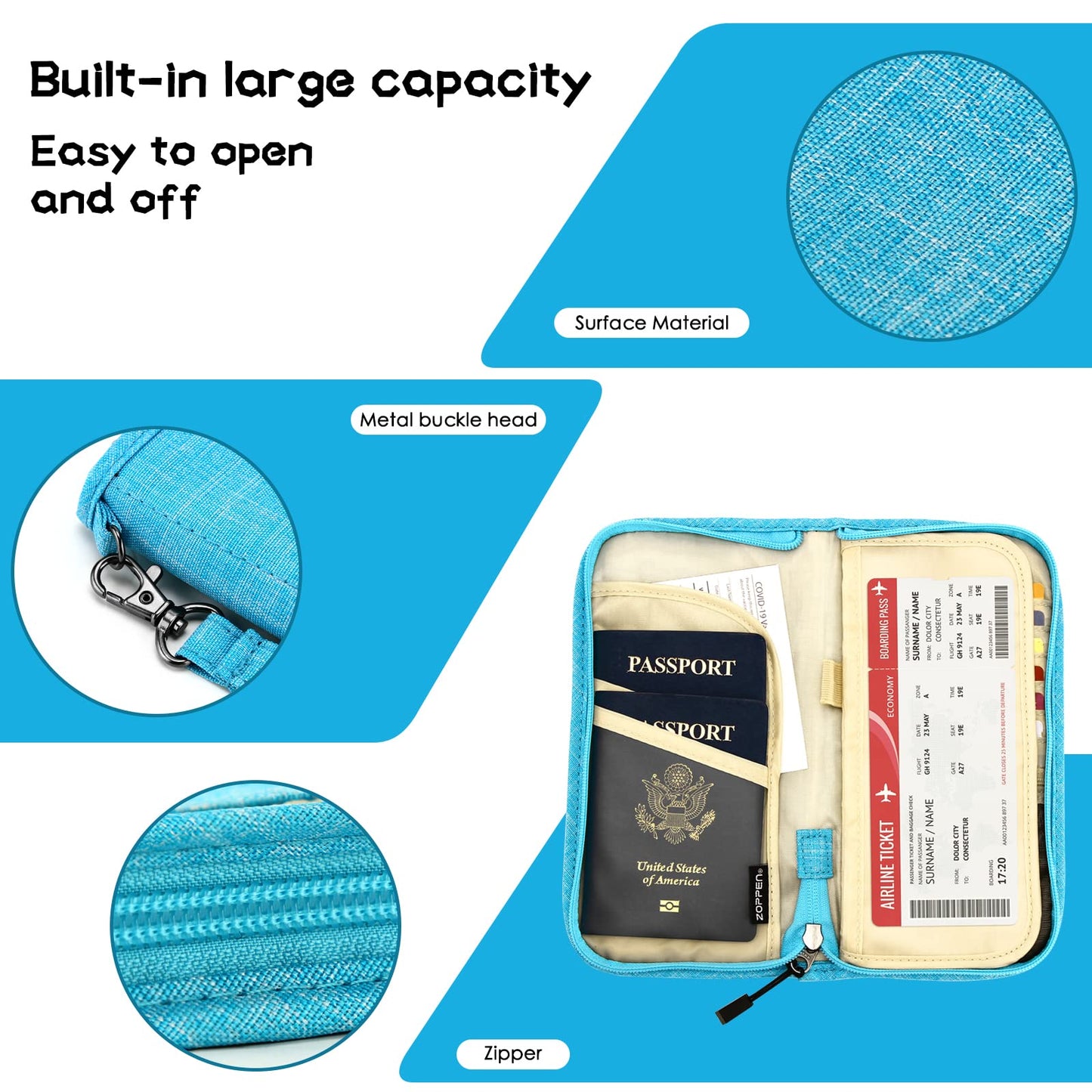 ZOPPEN Passport Wallet, Nylon Material, Includes Card Holders, RFID-Blocking, Lightweight, Cyan Color, Unisex