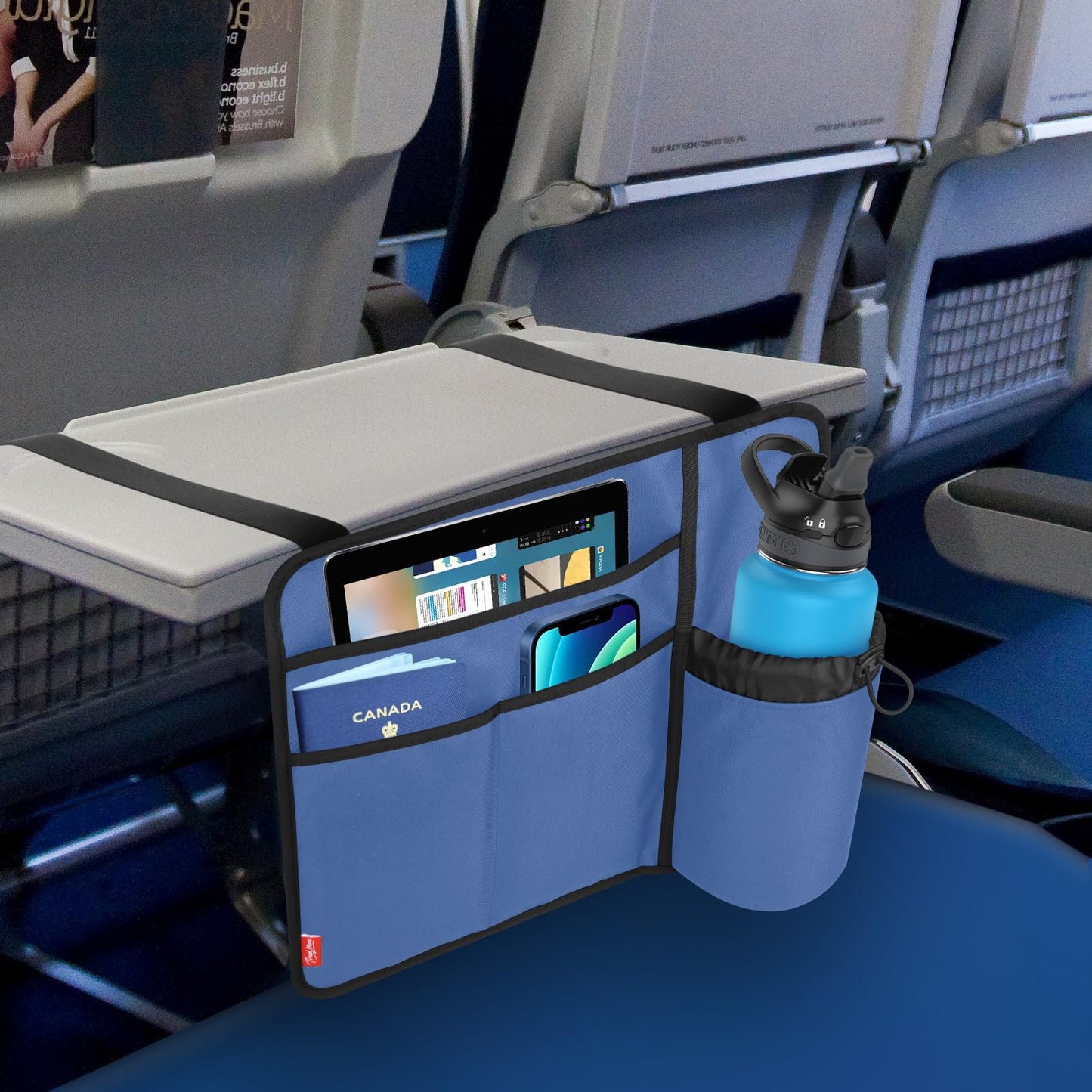 Airplane Seat Back Organizer with Hygienic Tray Table Cover (Blue)