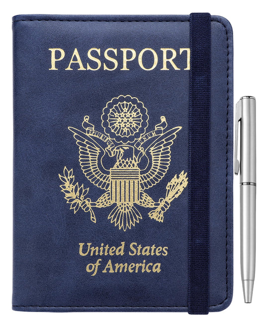 Travel Passport Wallet with RFID Shielding and Pen Slot (Navy Blue)