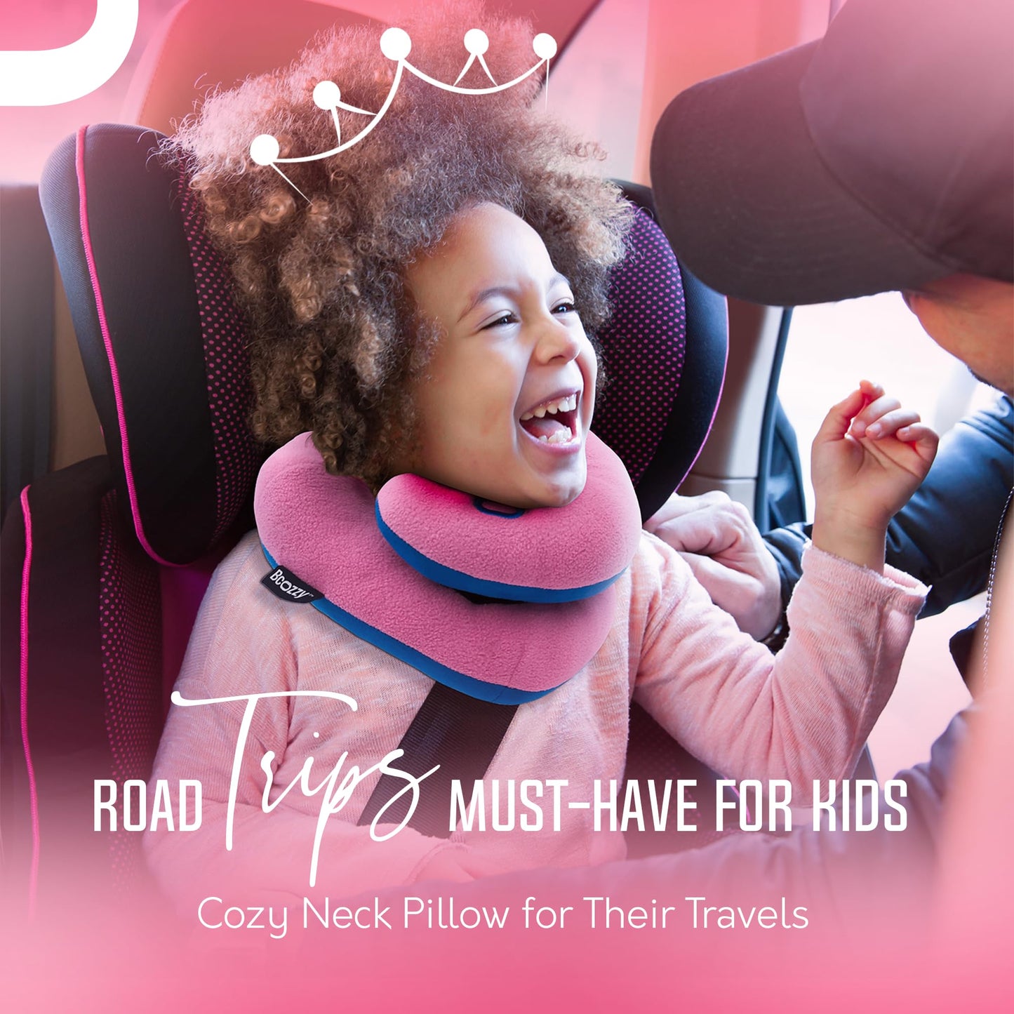 BCOZZY Kids Travel Neck Pillow (3-7 Y/O)- Patented Soft Toddler Pillow for Head & Chin Support in Car Seat, Airplane, and Road Trip Sleeping. Adjustable Size. Fully Washable. Carry Bag. Small, Pink