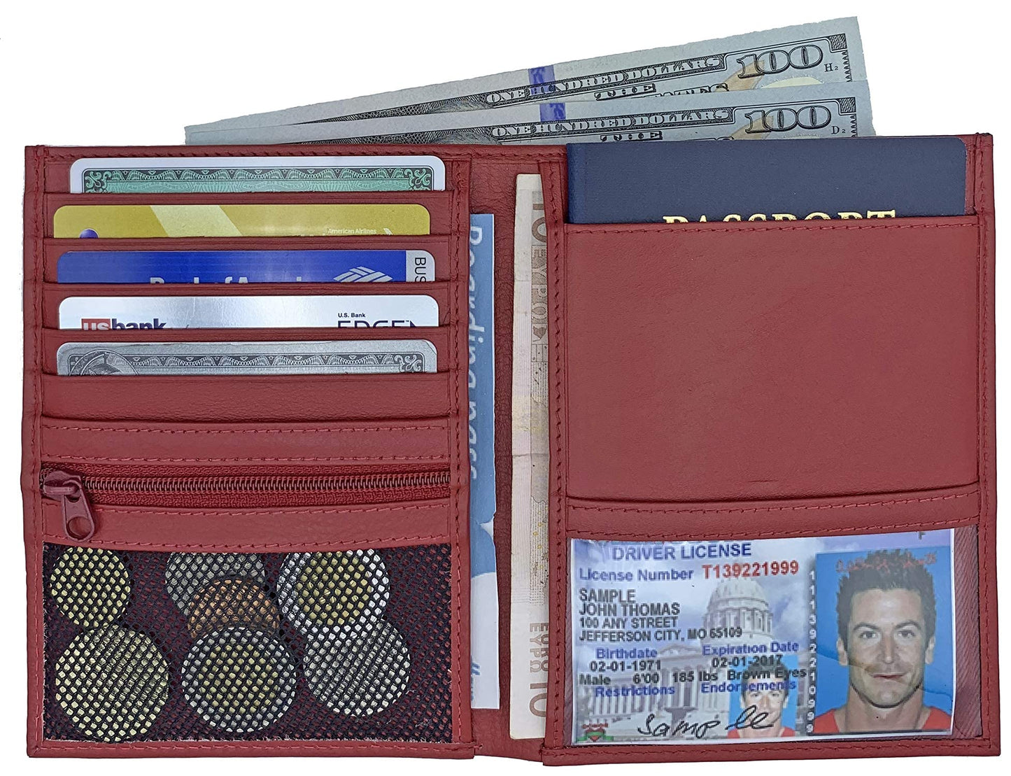 Leather RFID-Shielding Passport Holder and Wallet (Red)