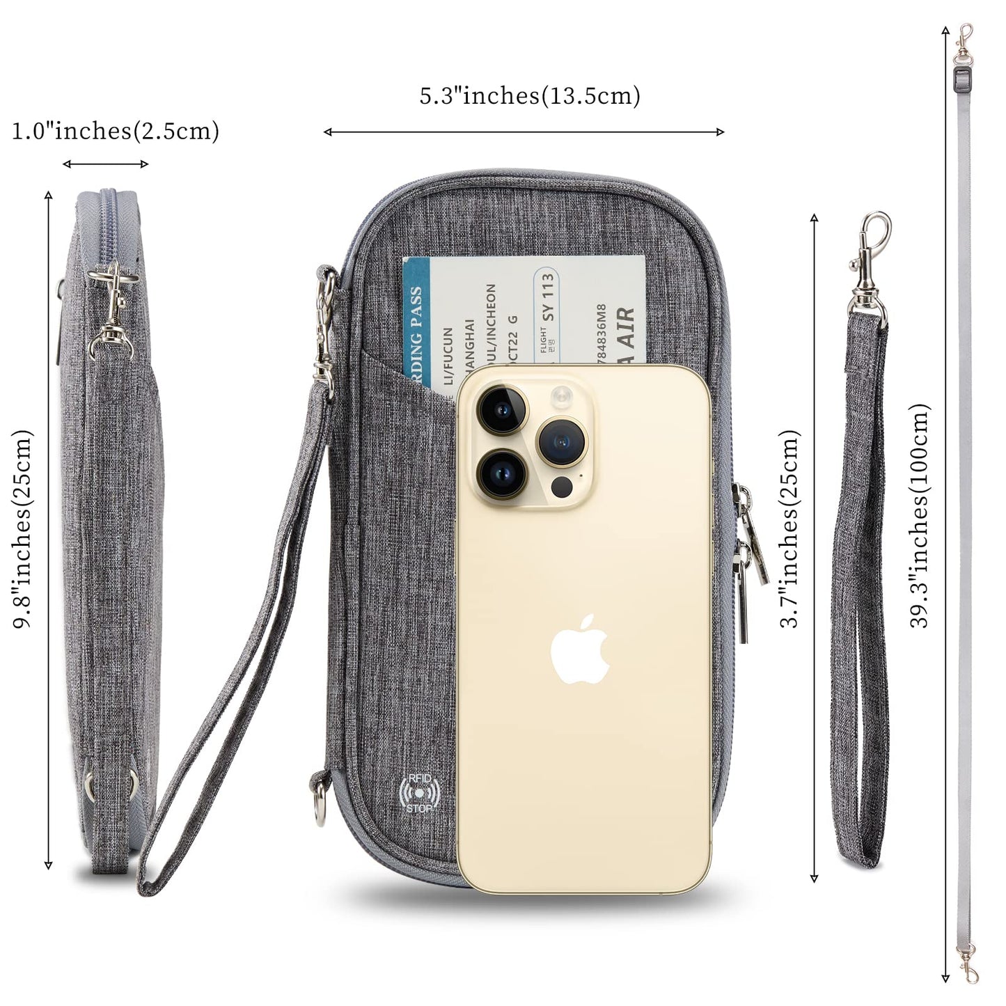 Travel Passport Wallet with RFID Shielding, Crossbody Strap and Wristlet Strap (Grey)
