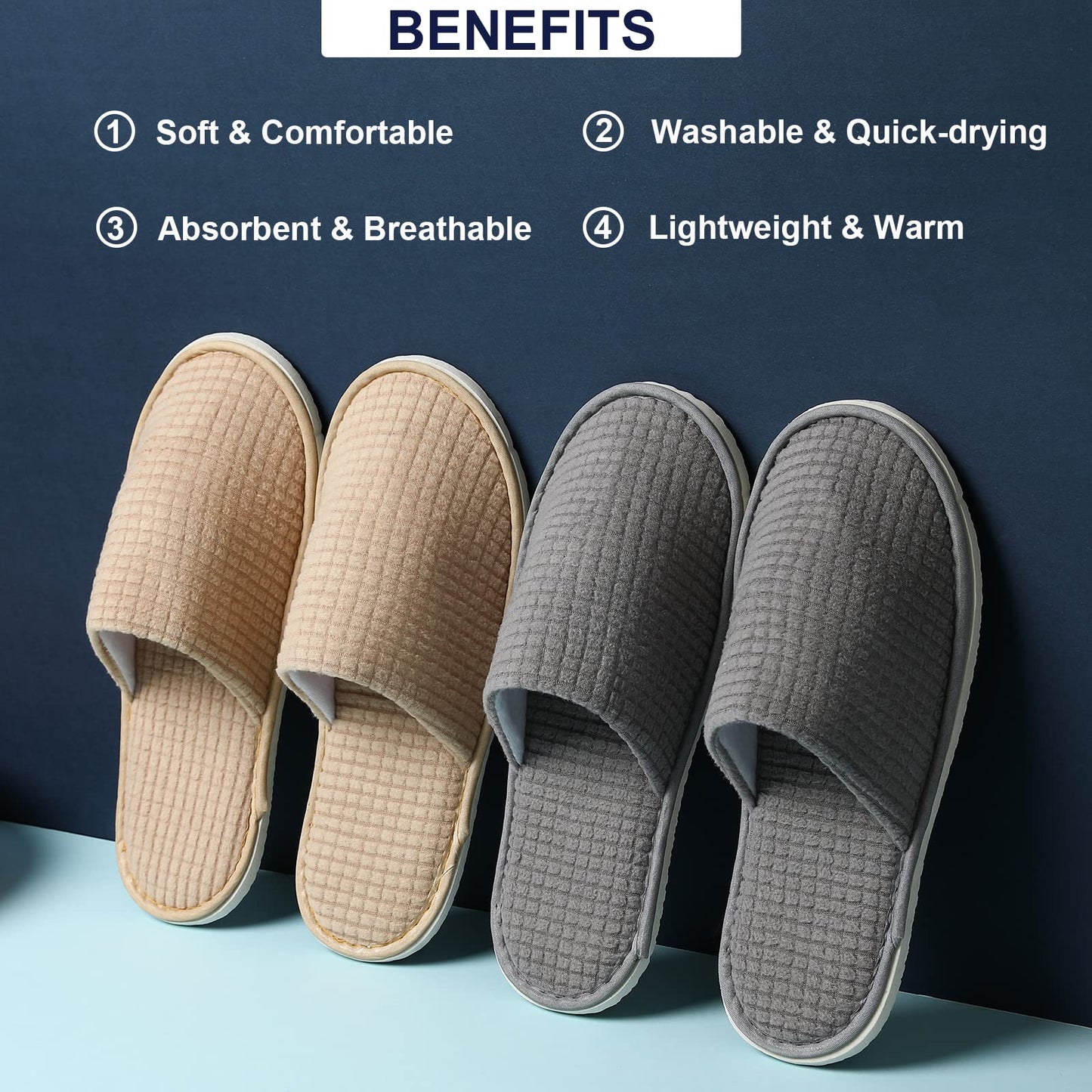 COZYAREA SPA, 6/12 Pairs Disposable Slippers for Guests, Soft Polar Fleece, Washable Reusable, Unisex for Wedding Party Bedroom Hotel And House Travel (3 Pairs Each Grey + Beige)