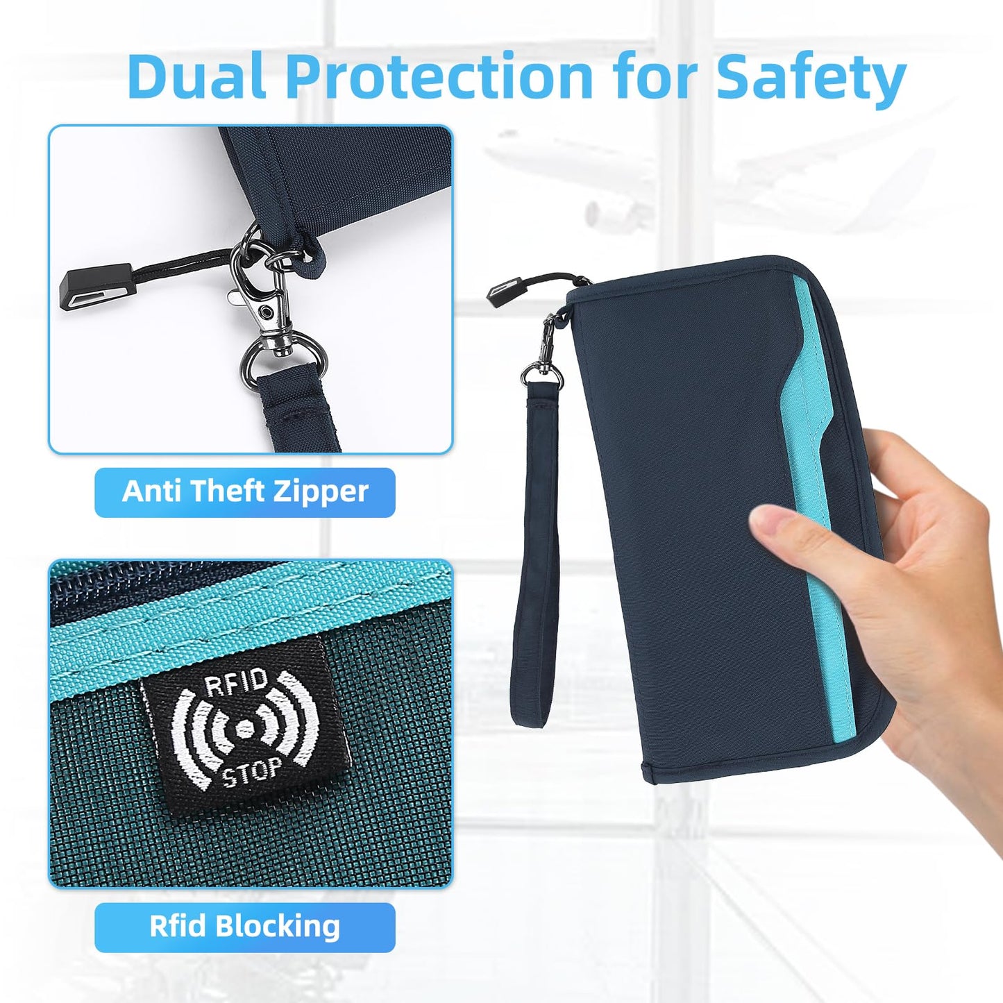 ZOPPEN Passport Holder Family Women/Men, Travel Wallet RFID Passport Wallet Travel Essentials Documents Organizer Zipper Case with Removable Wristlet Strap, Royal Blue