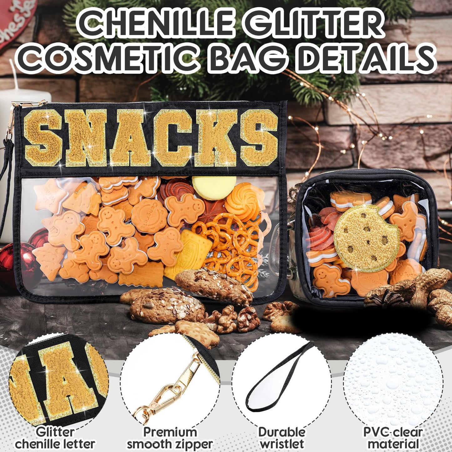 Hillban 2 Pcs Snacks Bags for Travel Clear Snack Pouch Chenille Letter Bags with Handles Zipper Cosmetic Toiletry Purse Waterproof Portable Storage Organizer Snacks Party Teens