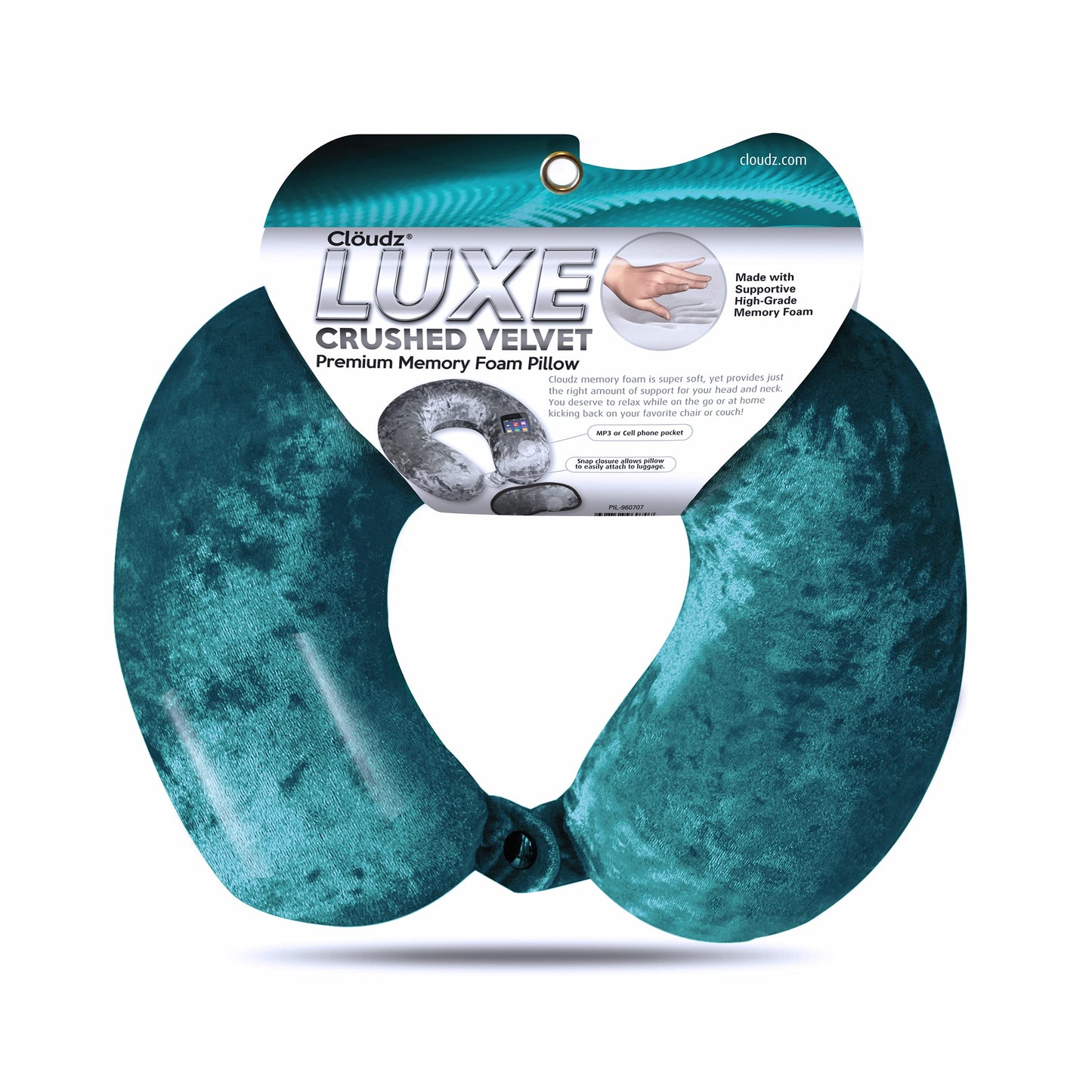 Cloudz Luxe Crushed Velvet Memory Foam Neck Pillow with Sleep Mask - Teal