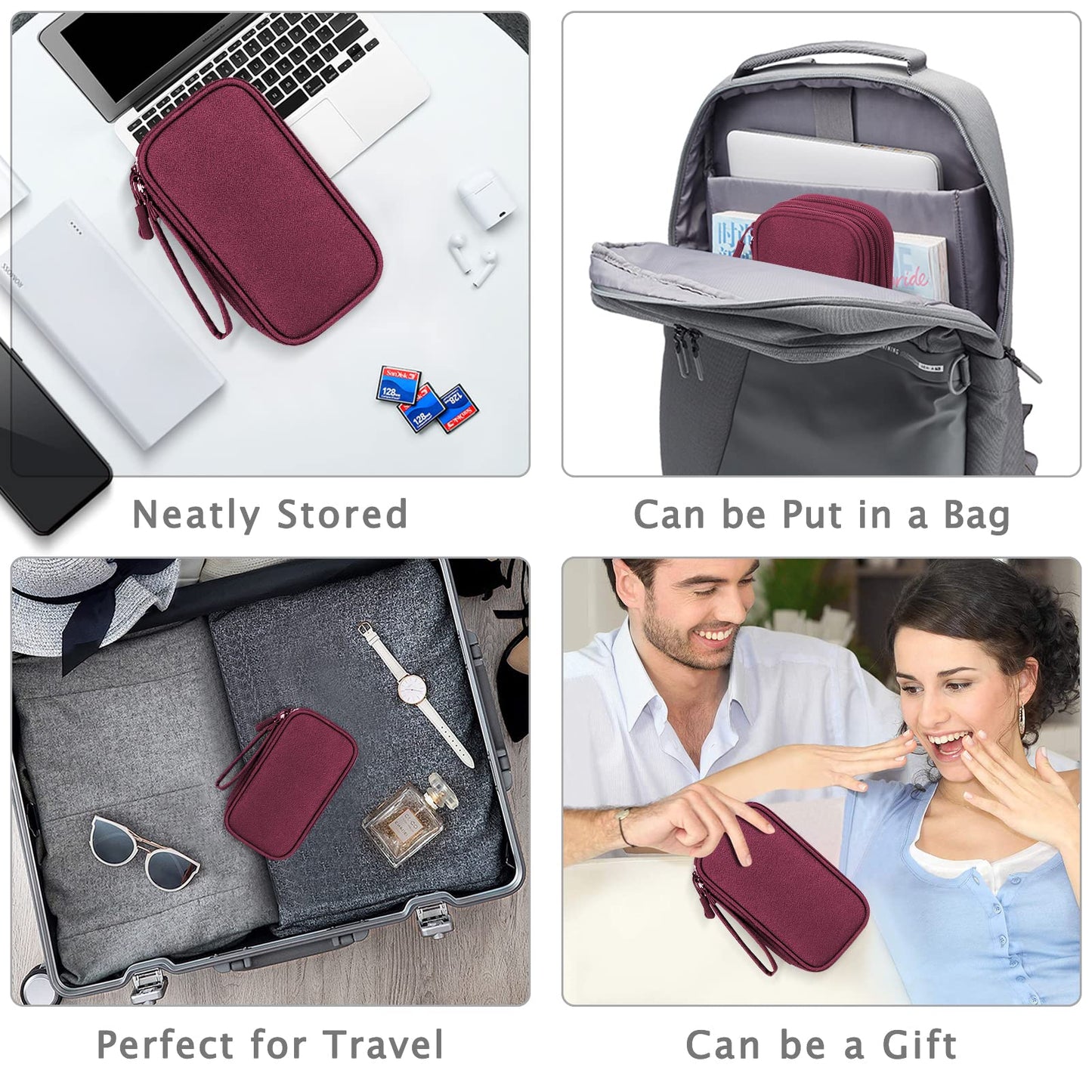 FYY Electronic Organizer, Travel Cable Organizer Bag Pouch Electronic Accessories Carry Case Portable Waterproof Double Layers Storage Bag for Cable, Charger, Phone, Earphone, Medium Size- Wine Red