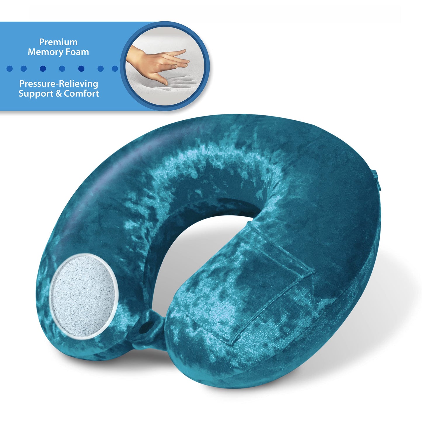 Cloudz Luxe Crushed Velvet Memory Foam Neck Pillow with Sleep Mask - Teal