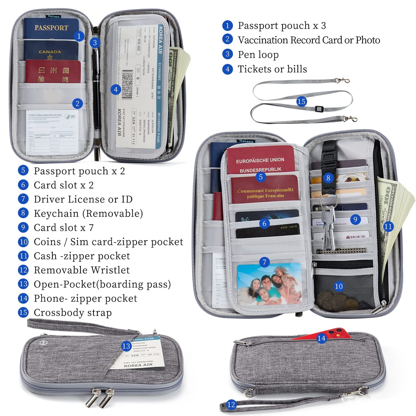 Travel Passport Wallet with RFID Shielding, Crossbody Strap and Wristlet Strap (Grey)