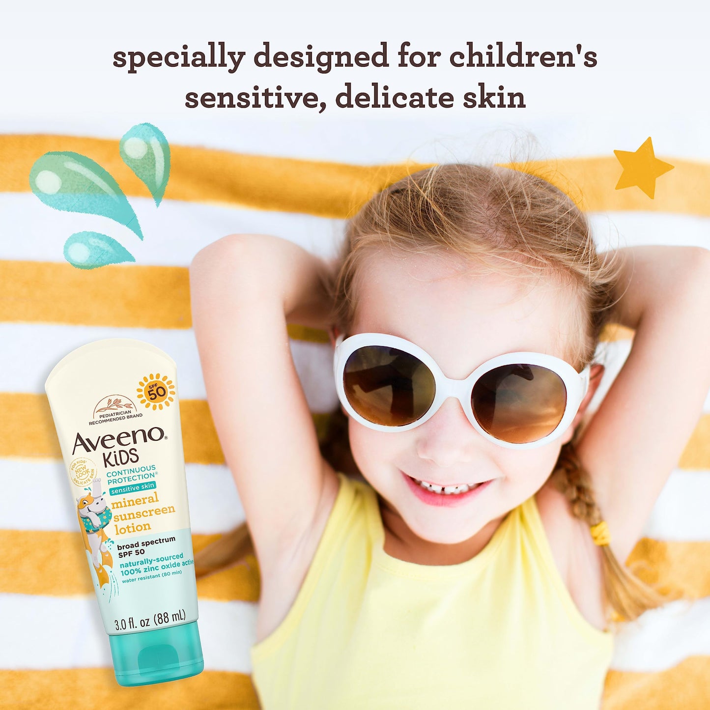 Aveeno Kids Continuous Protection Zinc Oxide Mineral Sunscreen Lotion for Children's Sensitive Skin with Broad Spectrum SPF 50, Tear-Free, Sweat- & Water-Resistant, Non-Greasy, 3 fl. oz