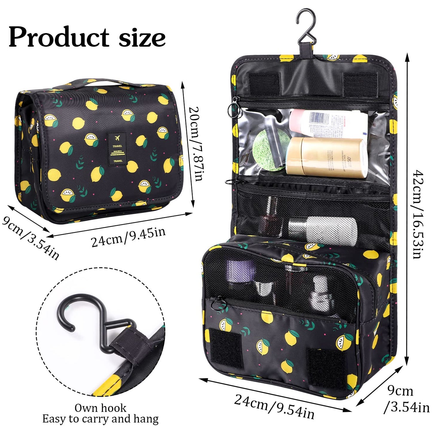 Pengxiaomei Toiletry Bag, Waterproof Hanging Cosmetic Bag Portable Travel Makeup Pouch athroom Bag Stocking Stuffers for Women Christmas Gifts(Black Lemon)