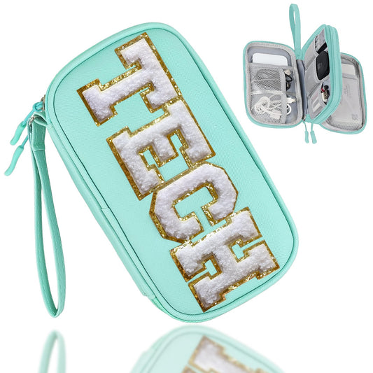 COSHAYSOO Electronics Organizer Bag Travel with Chenille Letter Patch TECH Traveling Must Have Accessories Cute Personalized Gift for Women Cable Cord Charger Storage Pouch (Greenish Blue)