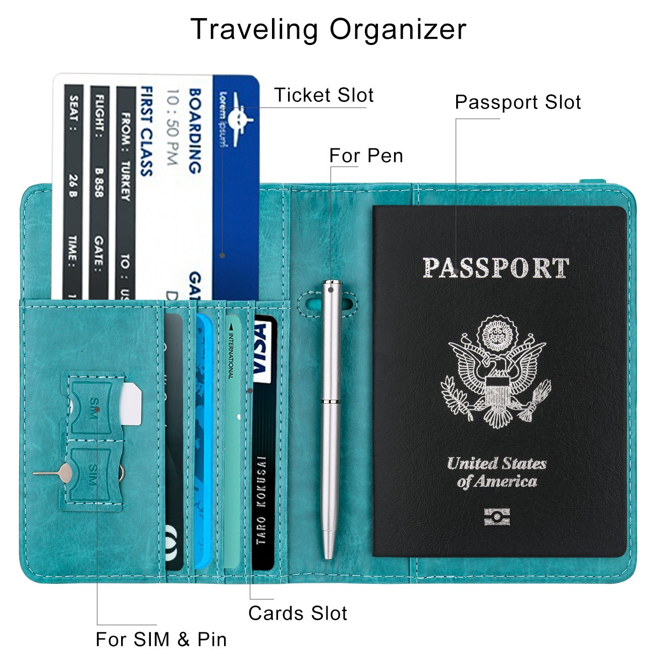 Travel Passport Wallet with RFID Shielding and Pen Slot (Turquoise Blue)