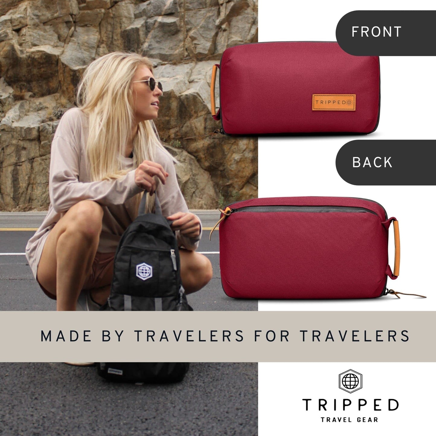 Tech Bag Organizer - Small Electronics Organizer Pouch for Travel - Premium Travel Case with Leather Accents - Mesh Pocket for Cables, Cords and Chargers (Red)