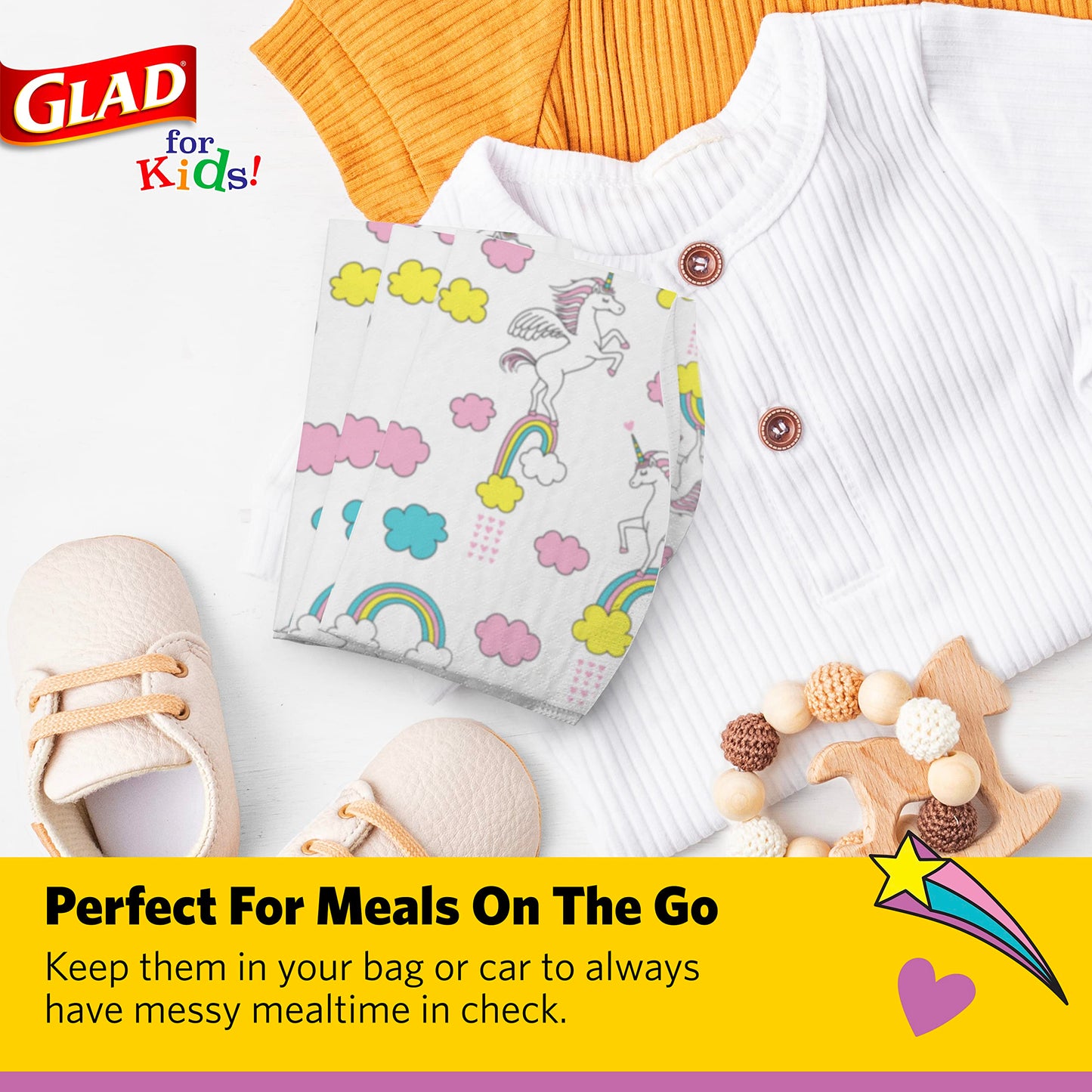 Glad for Kids Unicorn Paper Disposable Bibs with Crumb Catcher for Feeding - Absorbent and Leakproof Eating and Travel Must Haves for Mess-Free Meals, 30 Count