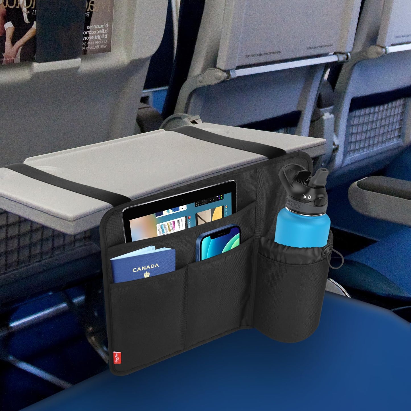 Airplane Seat Back Organizer with Hygienic Tray Table Cover (Black)