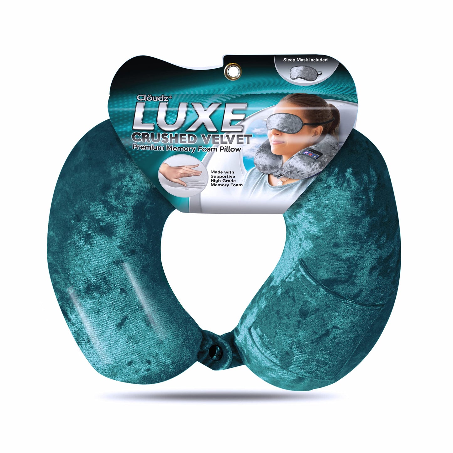 Cloudz Luxe Crushed Velvet Memory Foam Neck Pillow with Sleep Mask - Teal