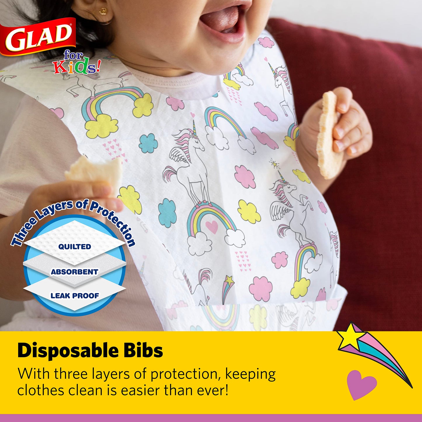 Glad for Kids Unicorn Paper Disposable Bibs with Crumb Catcher for Feeding - Absorbent and Leakproof Eating and Travel Must Haves for Mess-Free Meals, 30 Count